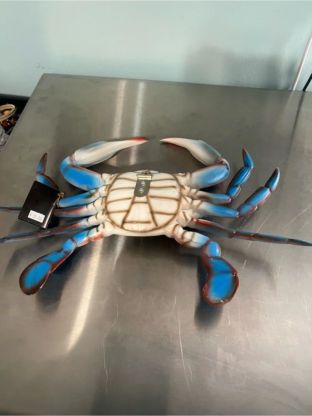 Lightweight Hard Plastic Handpainted Blue & White Crab Wall Plaque -